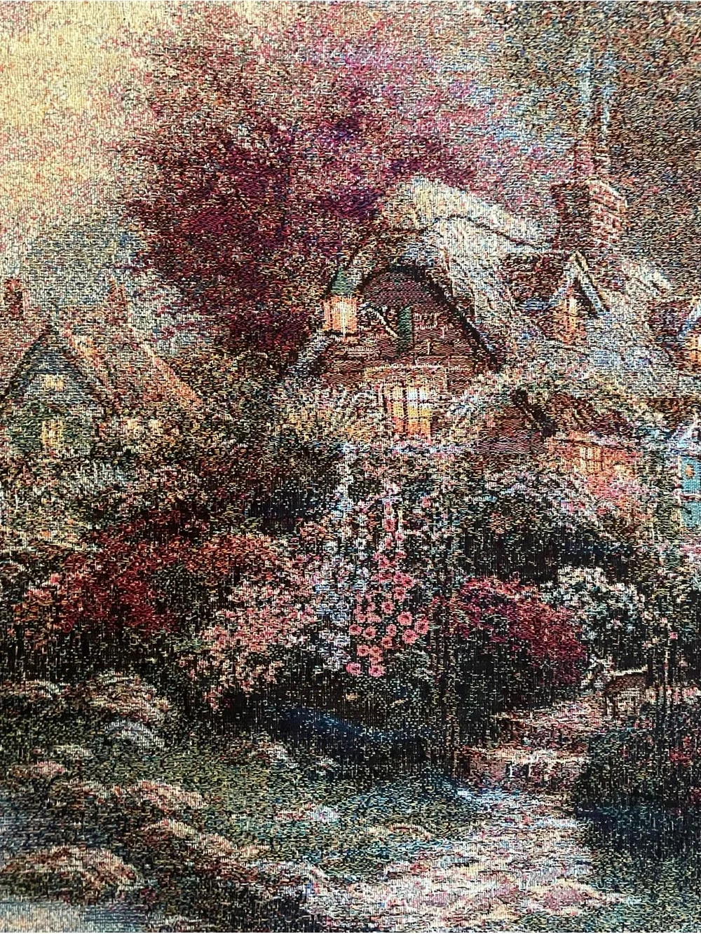 Thomas Kinkade Cottage Bridge Tapestry - Pink & Cream 60x48